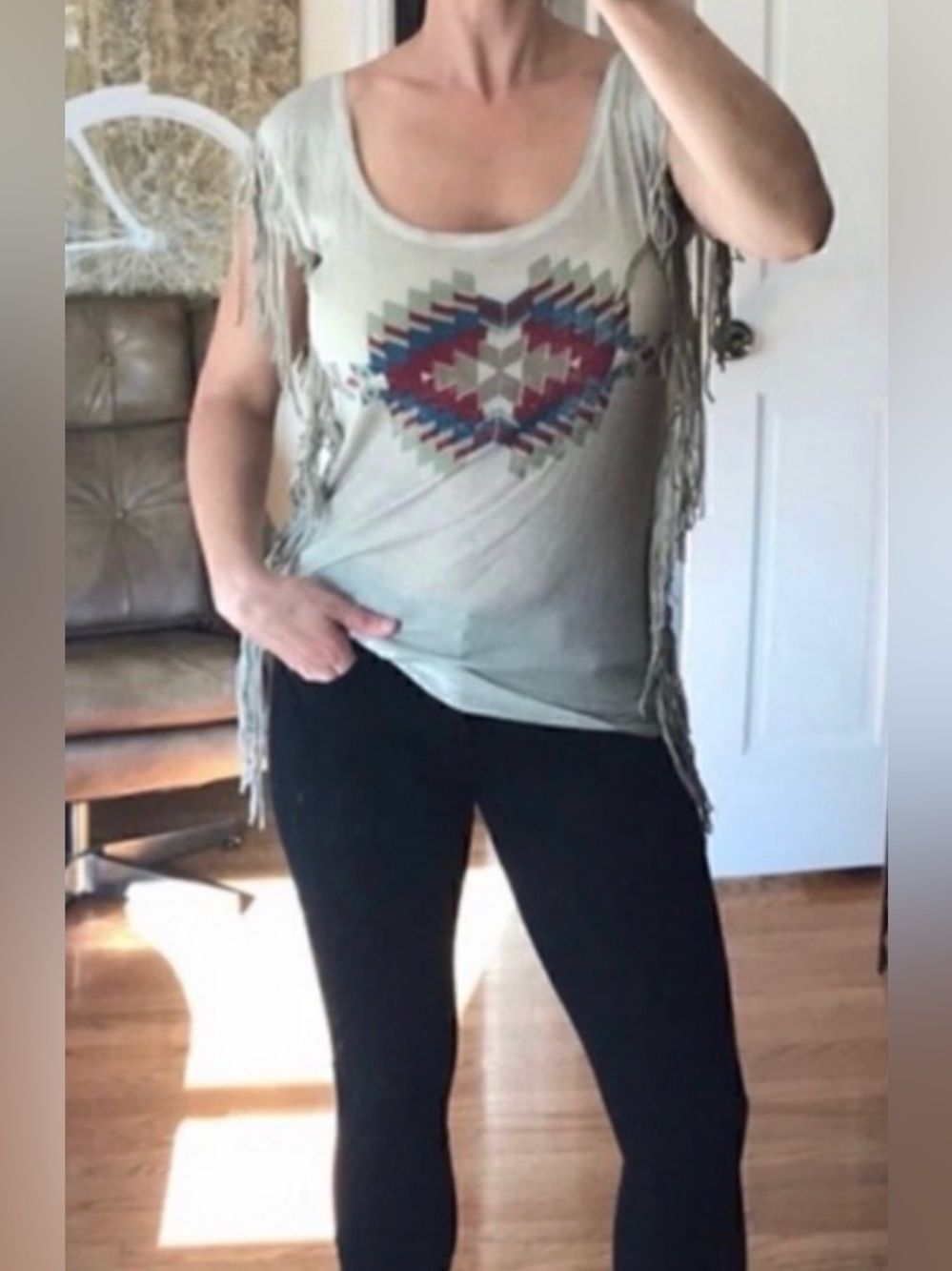 Anama Aztec Graphic Fringe Tee Small Boho Western Festival Top
